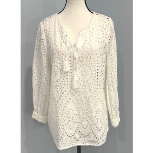 Chico's Women's Large Mixed-Media Medallion Eyelet Top Boho-Chic Cottagecore